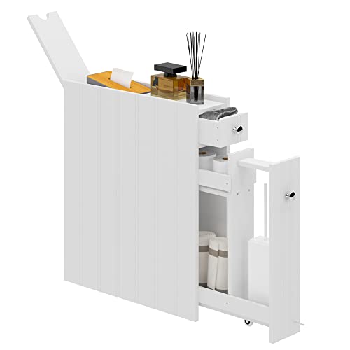 SogesHome Badezimmerschrank Nischenschrank mit Schublade 2 Ablagen Schiebetür mit Rollen Freistehend Toilettenpapierhalter Badregal, 14 x 50 x 58 cm von SogesHome
