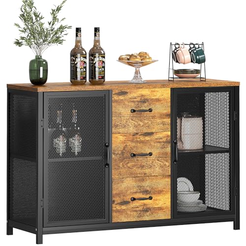 SogesHome Beistellschrank Aktenschrank Buffets Konsolentisch Industrie Speicherschrank Sideboard 3 Stufiger Buffetschrank Küchenschrank mit 3 Lagerschubladen und 2 Metallnetz Türen von SogesHome