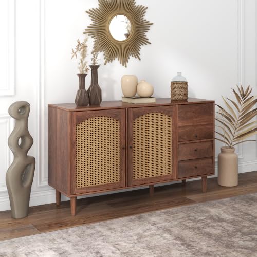 SogesHome Beistellschrank Buffets Sideboard Küche Esszimmer Schrank Mit Rattan Einsatz 3 Türen 2 unregelmäßigen Schubladen für Aufbewahrung, 130 * 40 * 75.5 cm von SogesHome