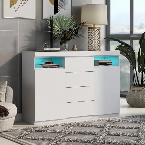 SogesHome Buffets Beistellschrank Moderne LED-Kommode Sideboard Küchenschrank Highboard Mehrzweckschrank Aufbewahrungsschrank mit viel Stauraum für Ihren Wohnbereich Esszimmer Weiß 139 * 36,5 * 92 cm von SogesHome