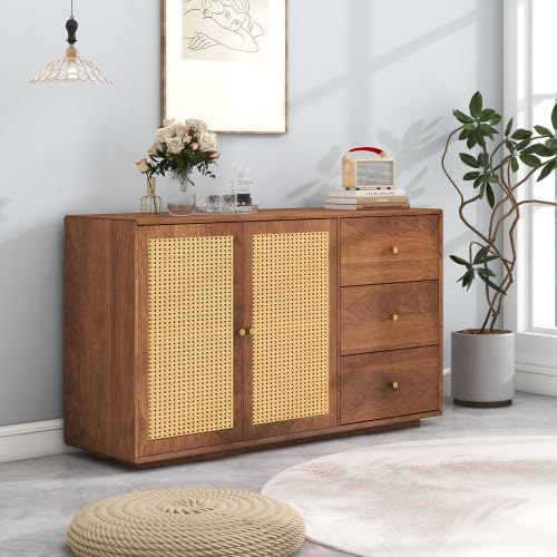 SogesHome Buffets Sideboard Kommode Konsolentisch mit 3 Schubladen 2 Türen Anrichteschrank Rattan Schrank modern Schubladenkommode mit Metallgriffe für Schlafzimmer & Wohnräume & Büro von SogesHome