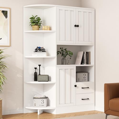 SogesHome Eckvitrine Mit 3 Schränken & 2 Schubladen, Wohnzimmer Eckschrank Mit 14 Fächern, Weißes Sideboard Hochglanz Mit Bogendesign, 104x35x155 cm SogesHome Eckvitrine Mit 3 Schränken & 2 Schubladen, Wohnzimmer Eckschrank Mit 14 Fächern, Weißes Sideboard Hochglanz Mit Bogendesign, 104x35x155 cm von SogesHome