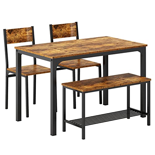 SogesHome Essgruppe Esstisch Set 4-teilig Esszimmertisch Möbel Tisch Set 2 Stühlen und Sitzbank mit Ablage aus Holz und Stahlgestell für Esszimmer Küche von SogesHome