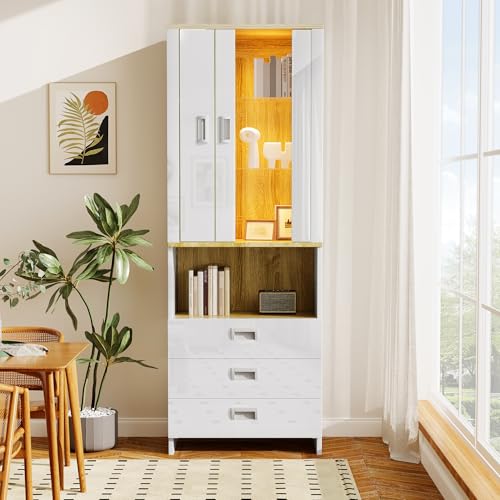 SogesHome Glasvitrine Vitrinenschrank Hohe Ausstellungsregal Vitrine Schrank mit 3 Schubladen, Verstellbarer LED-Beleuchtung für Wohnzimmer Schlafzimmer, 65x35x181.5 cm von SogesHome