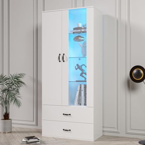 SogesHome Hochschrank Vitrine Buffetschrank Hochregal Bücherreg 16 Farben LED-beleuchtete 2 Türen 2 Schubladen mit Acryitür Standvitrine Weiße LED-Vitrine Wohnzimmer Wohnzimmer von SogesHome