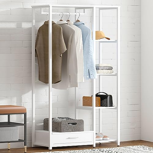 SogesHome Kleiderständer Freistehender Garderobenständer Stehende Garderobe mit Aufbewahrungsablagen und Schublade 3-in-1-Holzkleidungsständer Mantelständer mit 4-Stufigen für Schlafzimmer von SogesHome