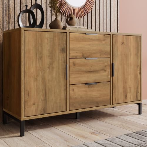 SogesHome Kommode Beistellschrank Buffets mit 2 Türen und 3 Schubladen 120 x 40 x 76 cm in Dunkle Eiche Verstellbare Ablage Sideboard Highboard für Schlafzimmer & alle Wohnräume von SogesHome