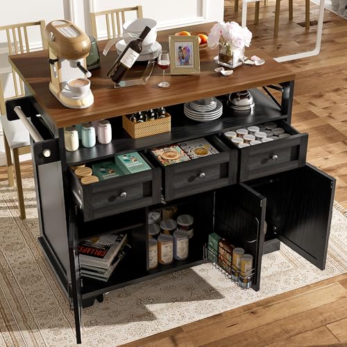 SogesHome ​Kücheninsel Mit Ausziehbaren Tischen & Rädern, Mobile Küchenzeile Mit Holzplatte, Handtuchhalter Und Stauraum, 118x43-80x98 cm​ (schwarz) von SogesHome