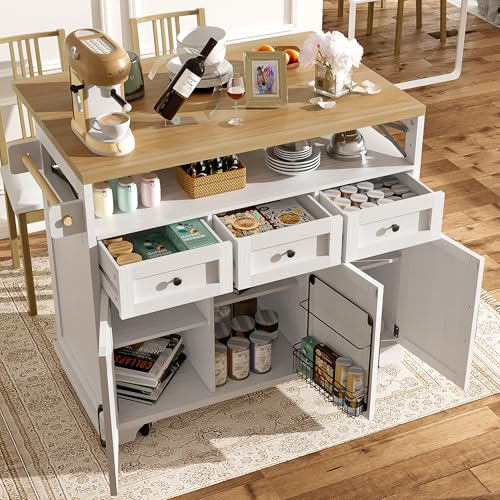 SogesHome ​Kücheninsel Mit Ausziehbaren Tischen & Rädern, Mobile Küchenzeile Mit Holzplatte, Handtuchhalter Und Stauraum, 118x43-80x98 cm​ (weiß) von SogesHome