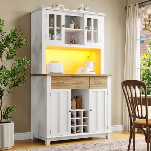 SogesHome Küchenschrank Hochschrank Küchenbuffet Vitrinenschrank Buffetschrank Sideboard mit Weinregal Schubladen LED-Beleuchtung,106 * 40 * 179.5 cm von SogesHome