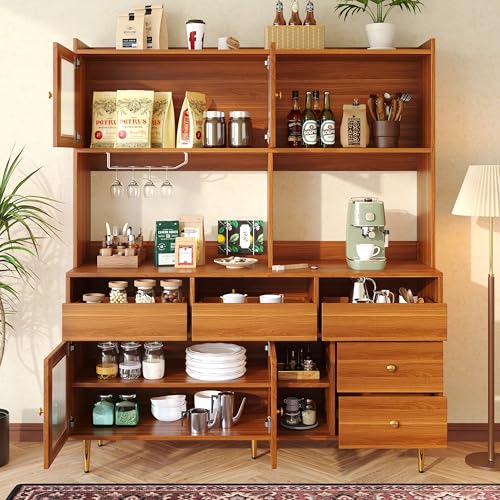 SogesHome Küchenschrank Küchenbuffet Vitrinenschrank Buffetschrank Hochschrank mit Glastür, Weinglasregal, mehrschichtiger Stauraum geeignet für Küche Restaurant, Höhe 171 cm von SogesHome