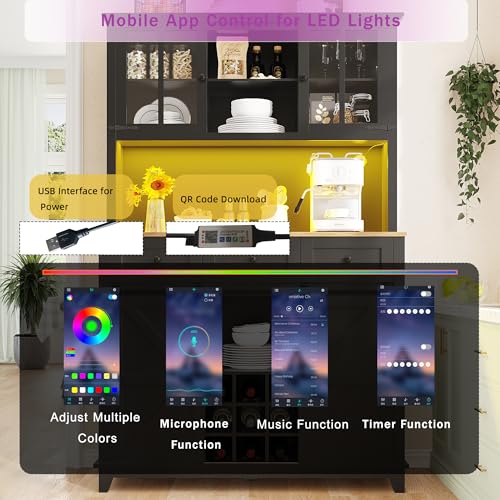 SogesHome Küchenschrank mit LED-Beleuchtung mit Verstellbaren Ablagen | APP-Steuerung & Musik-Modus,Variable Lichtfarben | Hochschrank Vitrinenschrank | Schmal 105 x 38.4 x 180 cm​​ (schwarz) von SogesHome