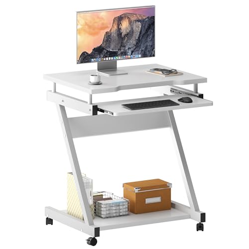 SogesHome Mobiler Computertisch mit Rollen und Tastaturauszug – Kleiner PC-Tisch mit Ablage für Tower, Schreibtisch für Home Office oder Büro, Weiß von SogesHome