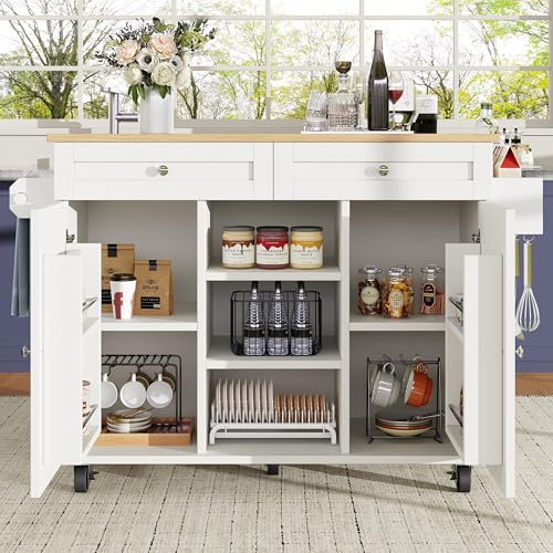 SogesHome Moderne Kücheninsel & Speisewagen mit Holzmaserung, multifunktionaler Küchenschrank und Snackregal, Küchenbuffet mit Stauraum und Rollen (weiß) von SogesHome