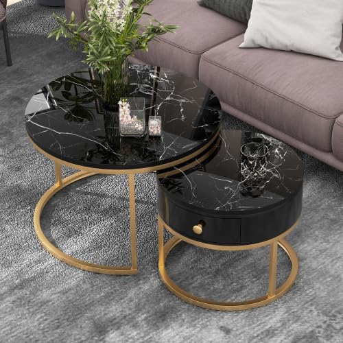 SogesHome Satztische Set 2er Moderner Beistelltisch Nesting Couchtisch Hochglanz Marmormuster 2er Set runde Couchtische Runder Nested Beistelltisch mit Schublade SogesHome Satztische Set 2er Moderner Beistelltisch Nesting Couchtisch Hochglanz Marmormuster 2er Set runde Couchtische Runder Nested Beistelltisch mit Schublade von SogesHome