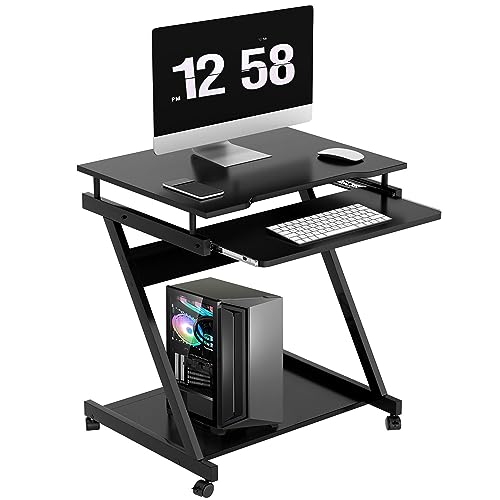 SogesHome Schreibtisch Klein Computertisch mit 4 Rollen 2 Davon mit Bremsen PC-Tisch in Z-Form mit Tastaturauszug für Zuhause und Büro, 60 x 48 cm von SogesHome