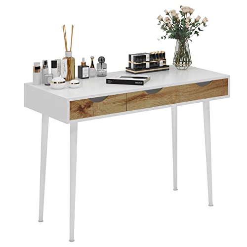 SogesHome Schreibtisch mit Schublade 110 cm Schlichter Arbeitstisch Schminktisch mit 3 Schubladen Arbeitszimmer Arbeitsplätze Schreibtische Weiß von SogesHome
