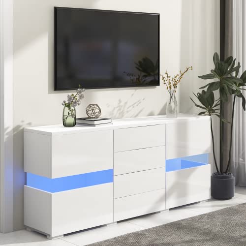 SogesHome Sideboard Hochglanz Kommoden & Sideboards Weiß Sideboard Lagerungsschrank Schrank Einheit mit 16 Farben LED-Leuchten für Esszimmer Wohnzimmer, 140 x 35 x 72 cm von SogesHome