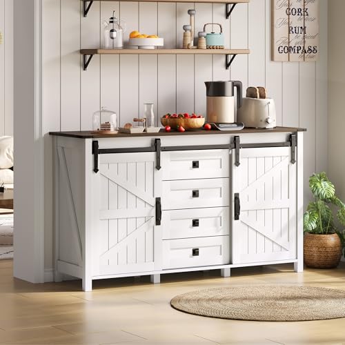 SogesHome Sideboard mit Stauraum – 137 cm breiter Seitenschrank mit Schiebetüren, 4 Schubladen und Vintage-Kaffeebar-Design – Weiß, für Küche, Esszimmer und Wohnzimmer ​ von SogesHome