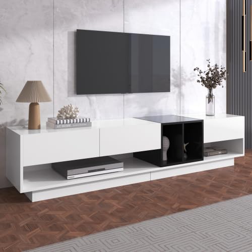 SogesHome TV-Bänke & Lowboards TV-Schrank Lowboard Kombination in Hochglanz-Weiß und Schwarz Farbblockierendes Design, Schubladen, Fächer, mehrere Stauräume von SogesHome