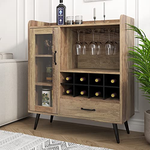 SogesHome Weinschrank Weinregale Buffet mit 1 Glastür und Schublade 3 Stöckiger Schrank mit 8 Weinwürfeln Anrichte zur Weinaufbewahrung mit Flaschenhalter für Eingangsbereich, Wohnzimmer, Küche von SogesHome