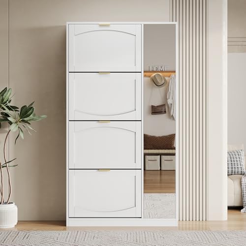SogesHome Weißer Schuhschrank mit Spiegel & 4 Kippfächern | Schmal 24cm Tiefe + Höhenverstellbares Regal | Garderobe für Flur | B80xH147xT24 cm von SogesHome