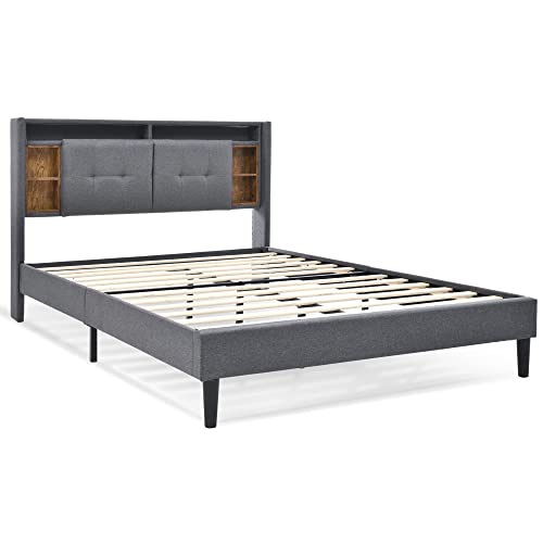 SogesPower 140x200 cm Polsterbett, Doppelbett mit Ladestation (USB+Steckdose), RGB-LED-Beleuchtung & Stauraum, Massivholz-Lattenrost, Grau (Ohne Matratze) von SogesPower