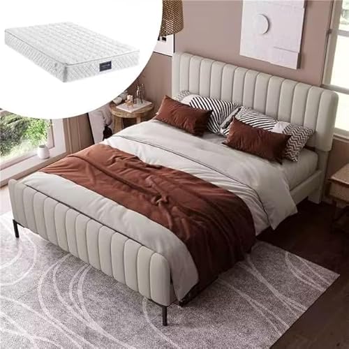 SogesPower 140x200 cm Premium Polsterbett mit Matratze, Orthopädisches Schlafsystem mit verstellbarem Kopfteil, Stabiles Metallgestell, Grau-Beige von SogesPower