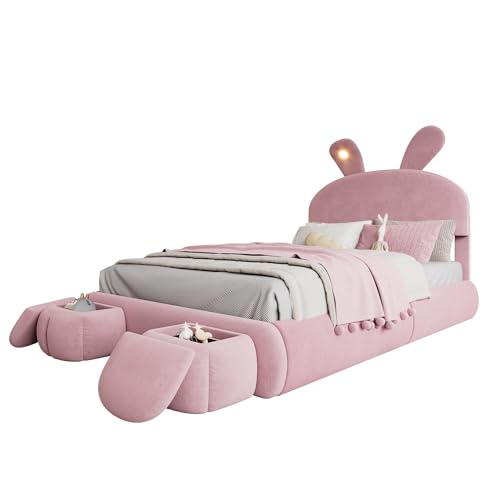 SogesPower 140x200 cm Rosa Samt Doppelbett mit Hasenohr-LED-Beleuchtung hydraulischem Stauraumsystem 2X Cartoon-Hocker & 7-Zonen-Lattenrost für Teenager- und Gästezimmer von SogesPower