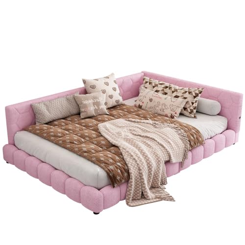SogesPower 140x200 cm Tagesbett, Multifunktionales Schlafsofa mit integrierter Ladestation (Typ-C + USB) und atmosphärischer LED-Beleuchtung, Rosa von SogesPower