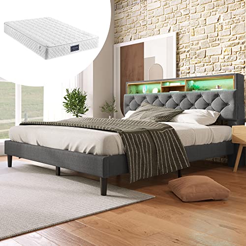 SogesPower 140x200cm Polsterbett mit Matratze & LED-Kopfteil, Doppelbett mit Stauraum, RGB-Lichtsteuerung & Massivholz-Lattenrost, Grau SogesPower 140x200cm Polsterbett mit Matratze & LED-Kopfteil, Doppelbett mit Stauraum, RGB-Lichtsteuerung & Massivholz-Lattenrost, Grau von SogesPower