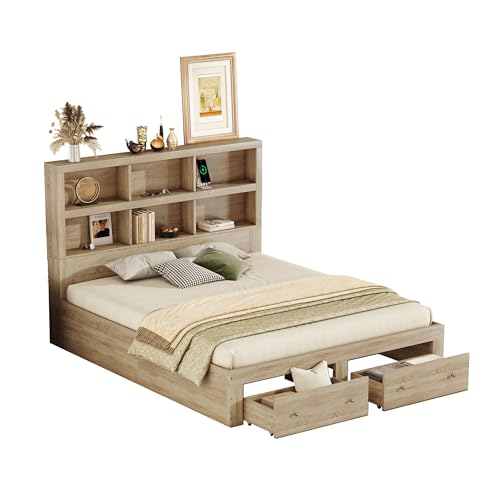 SogesPower 160x200 cm Natürliches Kingsize-Doppelbett mit multifunktionalem Kopfteil, 6 Ablagefächer USB-Ladestation & 2 Schubladen für stilvolle Schlafzimmerorganisation von SogesPower