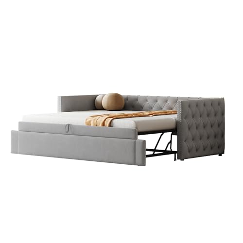 SogesPower 90x200 cm Schlafsofa Hellgrau mit Lattenrost, Elegantes Polsterbett mit Premium Samtstoff, Wandelt Sich vom Sofa zum komfortablen Bett von SogesPower