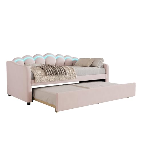 SogesPower Ausziehbares Daybed 90x200cm als Doppelbett mit Ambientelicht Schlafsofa in Rosa platzsparendes Multifunktionsbett mit Fernsteuerung ohne Matratze von SogesPower