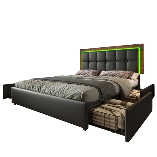 SogesPower Bettgestell 140x200cm mit RGB-LEDs & 4 fixierbaren Schubladen Höhenverstellbares Kopfteil, Kunstleder PU Schwarz rutschfeste Latten + 2-Paket-Lieferung, Ohne Matratze SogesPower Bettgestell 140x200cm mit RGB-LEDs & 4 fixierbaren Schubladen Höhenverstellbares Kopfteil, Kunstleder PU Schwarz rutschfeste Latten + 2-Paket-Lieferung, Ohne Matratze von SogesPower