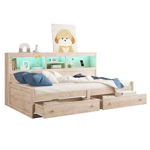 SogesPower Daybed 90x200 cm Natur, Schlafsofa mit USB-Ladestation & Smart-Stauraum, Robustes Spanplatten-Design & Ambientelicht, Ohne Matratze, einfach montierbar von SogesPower