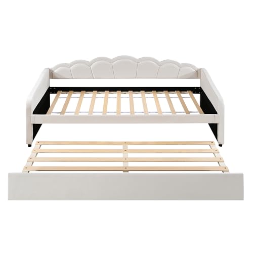 SogesPower Daybed 90x200cm Tagesbett mit ausziehbarer Funktion und RGB LED Beleuchtung Schlafsofa mit Fernbedienung minimalistisches Design in Beige ohne Matratze von SogesPower