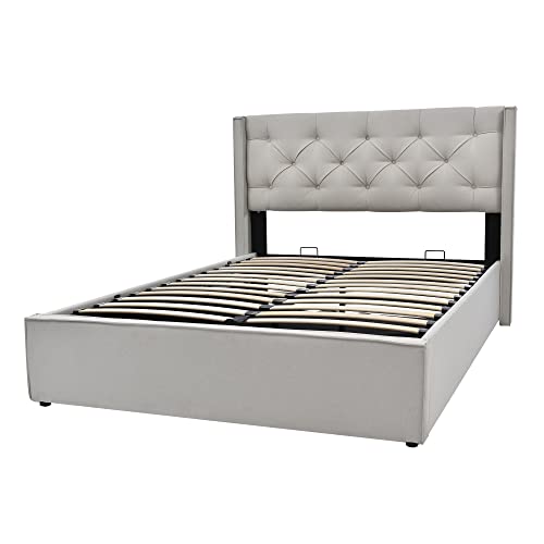 SogesPower Doppelbett 140x200 cm Hellgrau mit Premium Komfort hydraulischer Stauraum Kiefernholz Lattenrost Retro Design gepolsterte Kanten Sicherheit von SogesPower