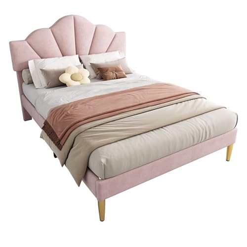 SogesPower Doppelbett 140x200 cm mit Muschel-Kopfteil & goldenen Füßen, Samt-Polsterbett in Rosa mit Hybrid-Lattenrost, 250 kg Tragkraft von SogesPower