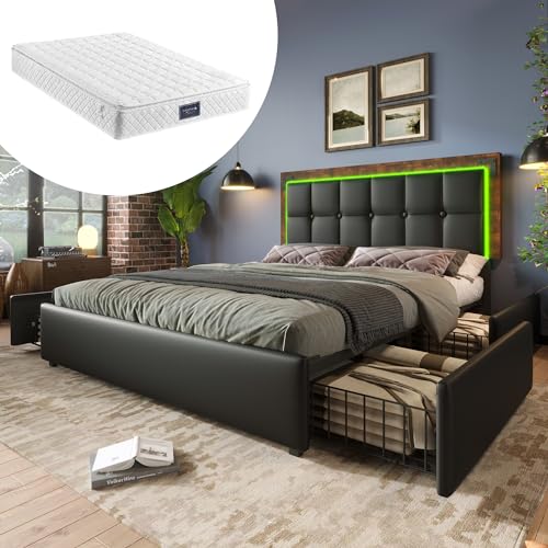 SogesPower Doppelbett 160x200cm Bettgestell mit LED-Beleuchtung & 4 Schubladen (Sicherungsclips), höhenverstellbares Kopfteil 406-Federn-Matratze, PU-Kunstleder Schwarz von SogesPower