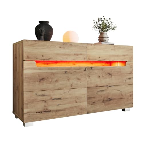 SogesPower Eichenholzoptik Kommode 6 Schubladen RGB-LED mit Musik-Sync 15 kg Tragkraft Anti-Rutschfüße 120x40x71 cm für Wohnzimmer Flur von SogesPower