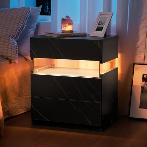 SogesPower Eleganter LED Nachttisch 3 Schubladen Goldakzenten App-steuerbare Beleuchtung 40x35 cm Ablagefläche 10 kg Belastung pro Fach inklusive Anti-Rutschfüßen, Schwarz+Gold von SogesPower