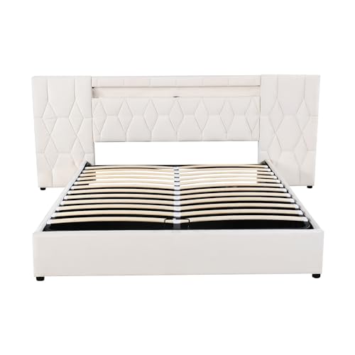 SogesPower Elegantes Polsterbett 160x200 mit großer Rückenlehne, Samtbett mit LED und USB-Steckdose, hydraulisches Stauraumsystem, Bett Classic Beige von SogesPower