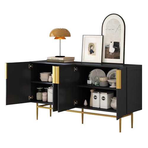 SogesPower Funktionaler Stauraum & robuste Materialien Elegantes Buffetsideboard Schwarz mit 4 Türen Goldfarbene Griffe abwischbare Oberfläche einfache Montage für Flur Essbereich von SogesPower