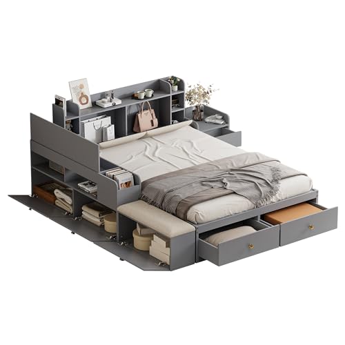 SogesPower Graues Massivholz-Doppelbett 140x200cm mit Stauraumsystem gepolstertem Kopfteil Schubladen Nachttisch Sofabank platzsparendes Schlafzimmer-Komplettset für Moderne Einrichtung SogesPower Graues Massivholz-Doppelbett 140x200cm mit Stauraumsystem gepolstertem Kopfteil Schubladen Nachttisch Sofabank platzsparendes Schlafzimmer-Komplettset für Moderne Einrichtung von SogesPower