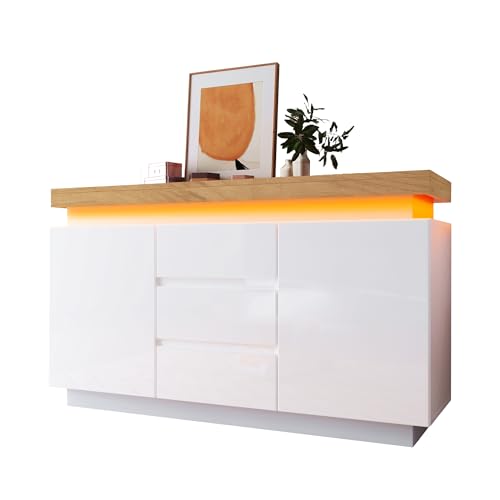 SogesPower Hochglanz-Kommode Weiß mit 3 Schubladen & 2 Türen Smart-Home-LED App-gesteuert höhenverstellbare Einlegeböden Soft-Close 81x140x39 cm für Wohnzimmer Schlafzimmer von SogesPower