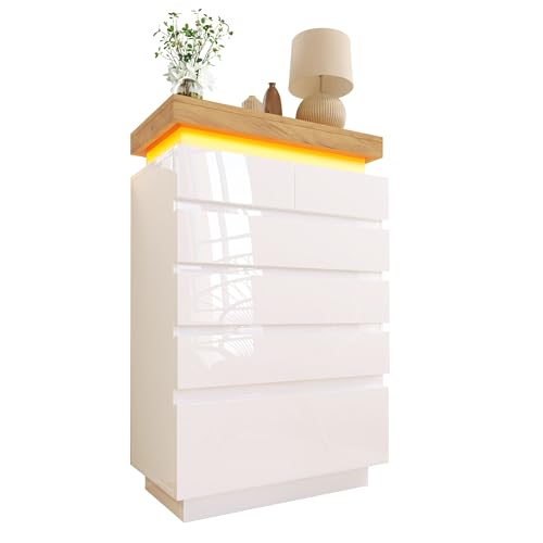 SogesPower Hochglanz-Kommode Weiß mit 6 Schubladen App-gesteuerter RGB-LED & Musik-Sync Soft-Close-System, 15 kg Tragkraft 115x73x39 cm für Wohnzimmer Schlafzimmer von SogesPower