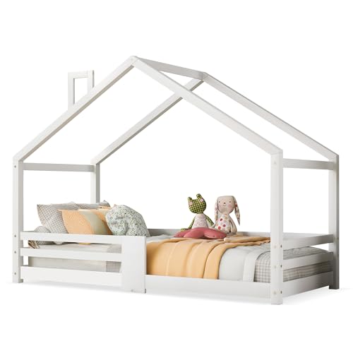 SogesPower Kinderhausbett aus Kiefernholz mit Schornstein-Design & Rausfallschutz, 90x200 cm (Weiß) und Robuster Lattenrost, Einfacher Selbstaufbau von SogesPower