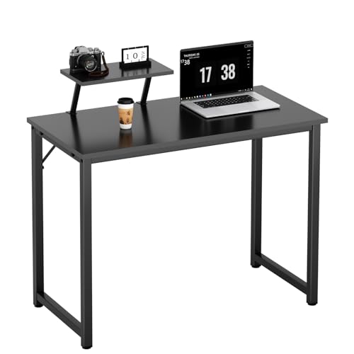 SogesPower Kleiner Schreibtisch mit Regal 80x40x74 cm Computertisch Bürotisch kompakt PC Tisch Homeoffice Metallgestell,Schwarz (Braun) von SogesPower