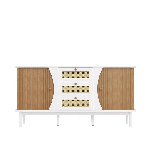 SogesPower Küchenschrank, Sideboard mit 2 Schiebetüren Rattan kommode mit 3 Schubladen, Aufbewahrungsschrank, Buffetschrank, Kaffeebar-Schrank für Küche, Esszimmer, Wohnzimmer, Weiß/Holzfarbe SogesPower Küchenschrank, Sideboard mit 2 Schiebetüren Rattan kommode mit 3 Schubladen, Aufbewahrungsschrank, Buffetschrank, Kaffeebar-Schrank für Küche, Esszimmer, Wohnzimmer, Weiß/Holzfarbe von SogesPower